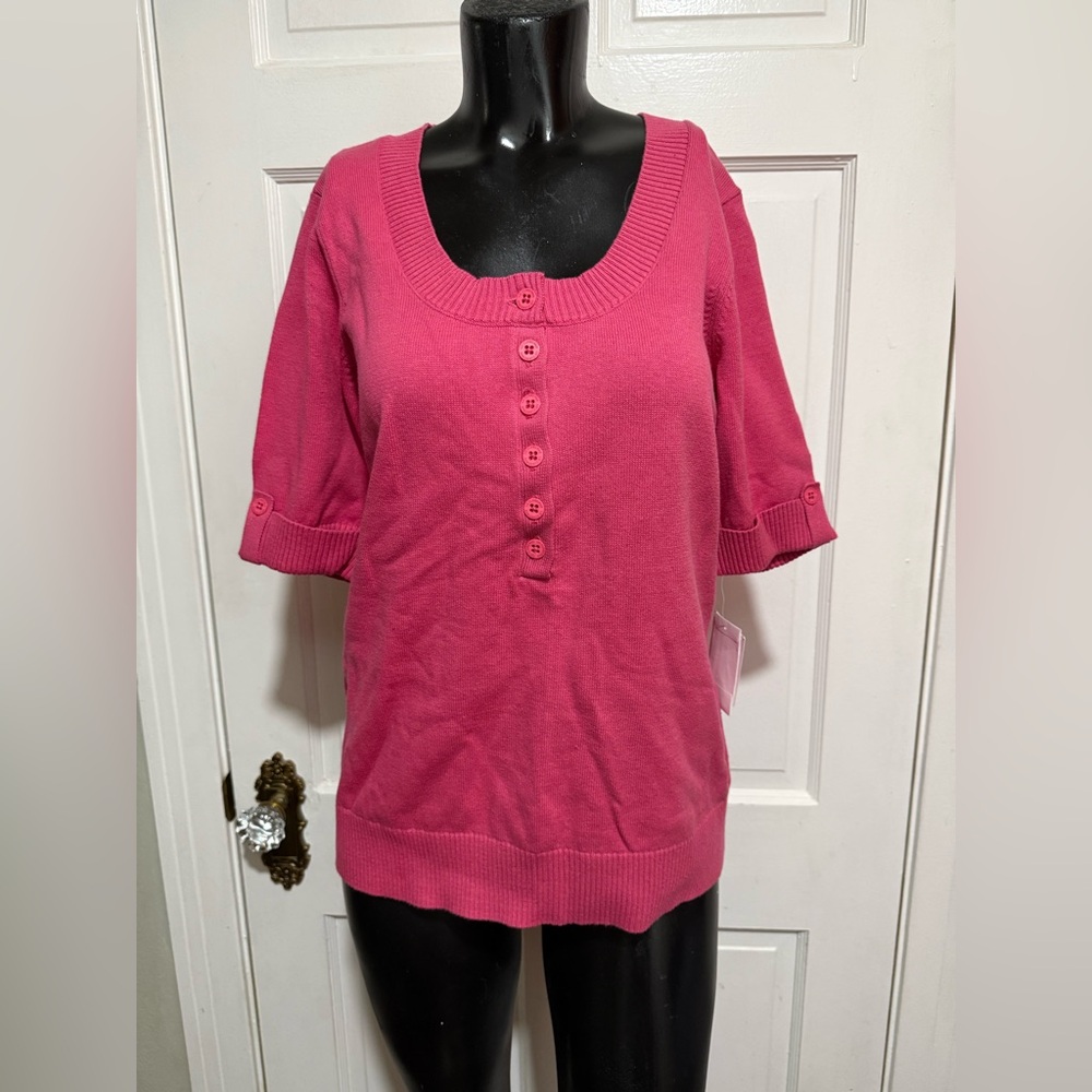 New Pink Womens Knit Liz Claiborne Short‎ Sleeve Shirt Top Large